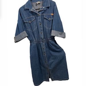 Dreams Vintage Utility Western Cinch Waist Short Sleeves Snap Button Denim Dress